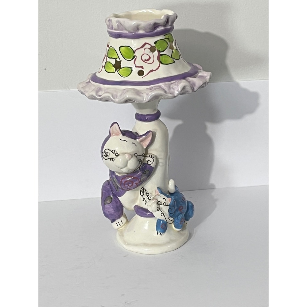 Unbranded Ceramic Cat Tea Light Candle Holder Home Decor Purple Blue Floral 12"